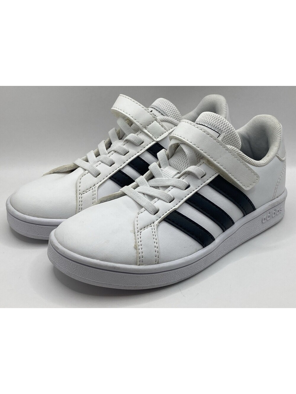 Kids Size 12K Adidas Grand Court White Black Strap Leather Sneakers EF0109